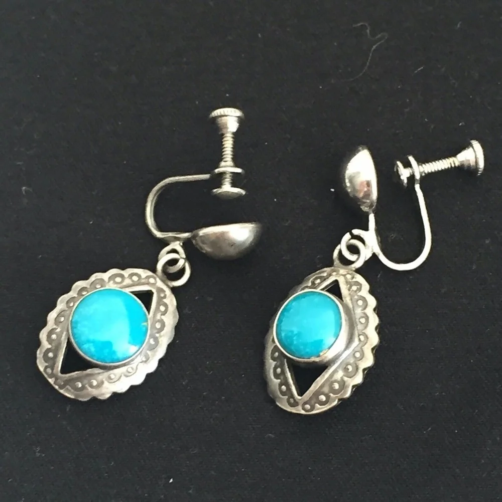 Vintage Sterling Silver Native American Dangle Earrings Screw Back Turquoise